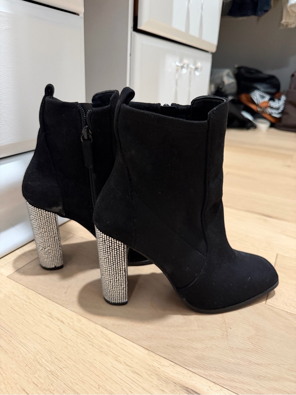 Aldo Black Suede Booties with 💎Rhinestone Block Heel 💎